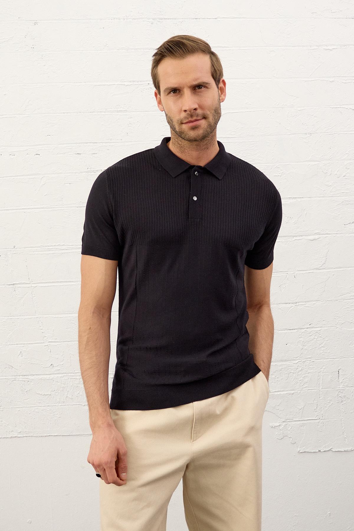 Erkek Slim-Fit Yazlık Triko T-shirt Koyu Lacivert 5002DNGR