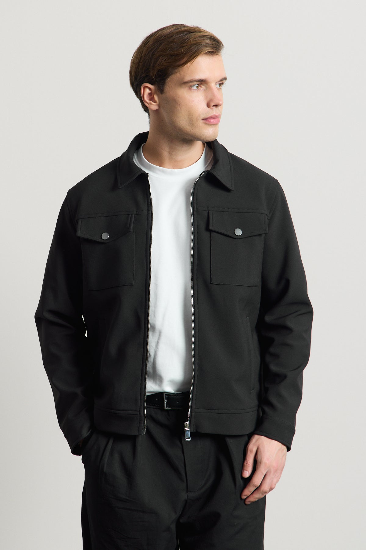 Erkek Standart Kalıp Gömlek Yaka Ceket Siyah