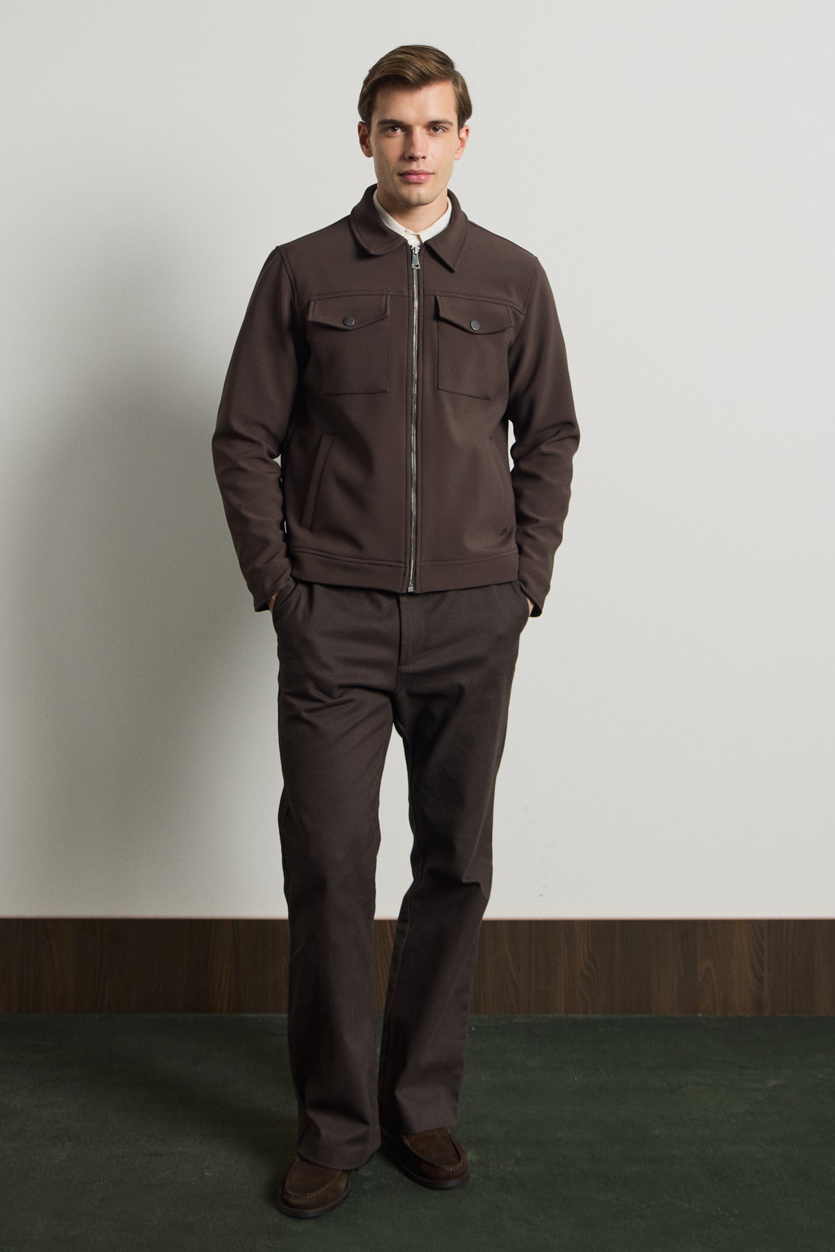 Erkek Standart Kalıp Gömlek Yaka Ceket Kahverengi