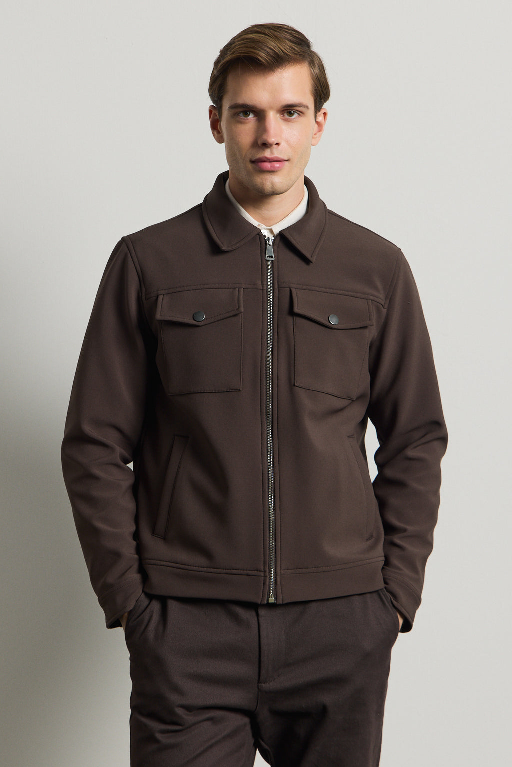 Erkek Standart Kalıp Gömlek Yaka Ceket Kahverengi