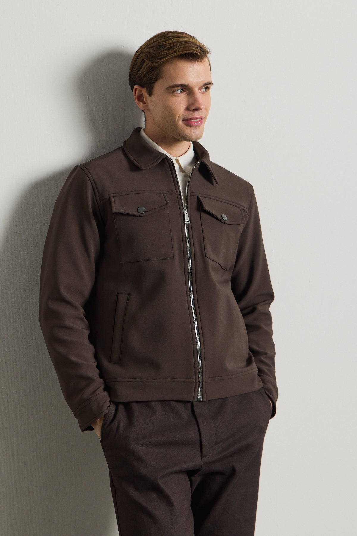 Erkek Standart Kalıp Gömlek Yaka Ceket Kahverengi