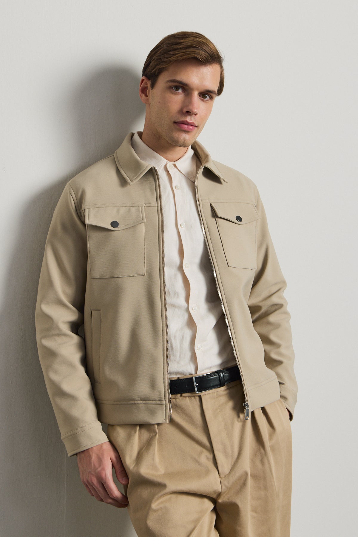 Erkek Standart Kalıp Gömlek Yaka Ceket Bej