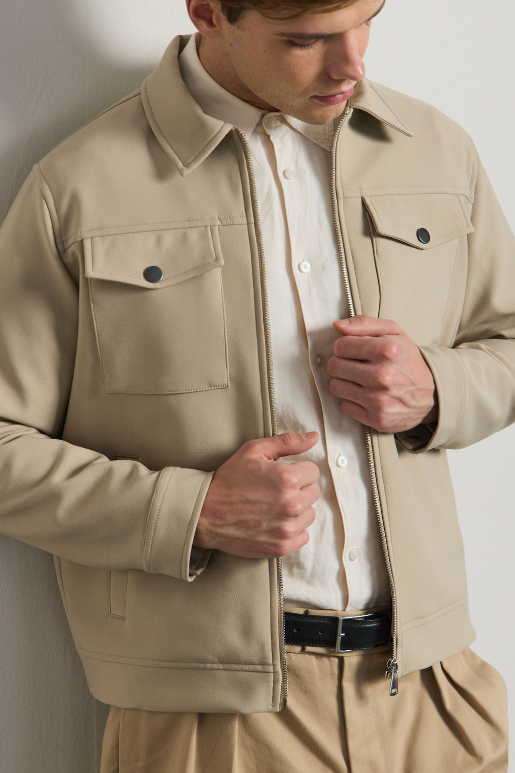 Erkek Standart Kalıp Gömlek Yaka Ceket Bej