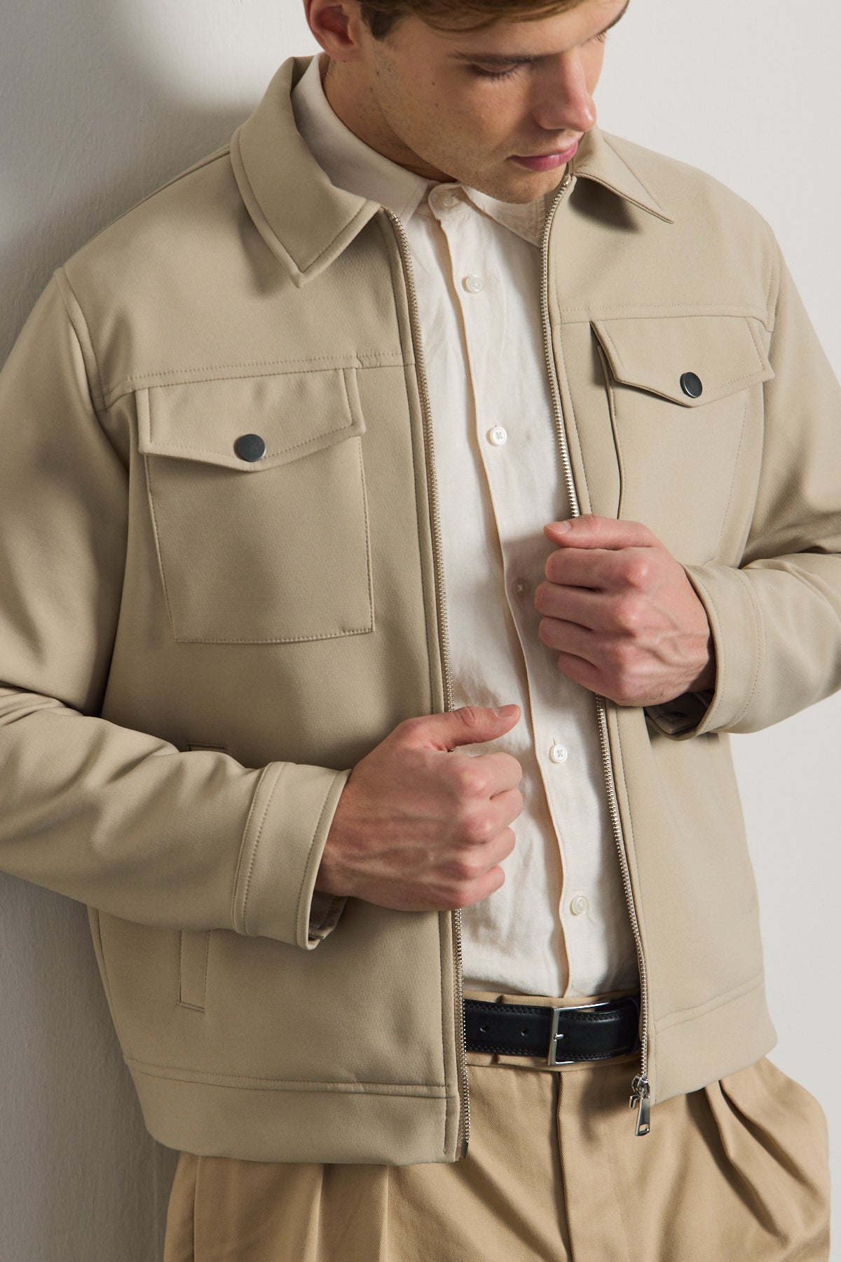 Erkek Standart Kalıp Gömlek Yaka Ceket Bej