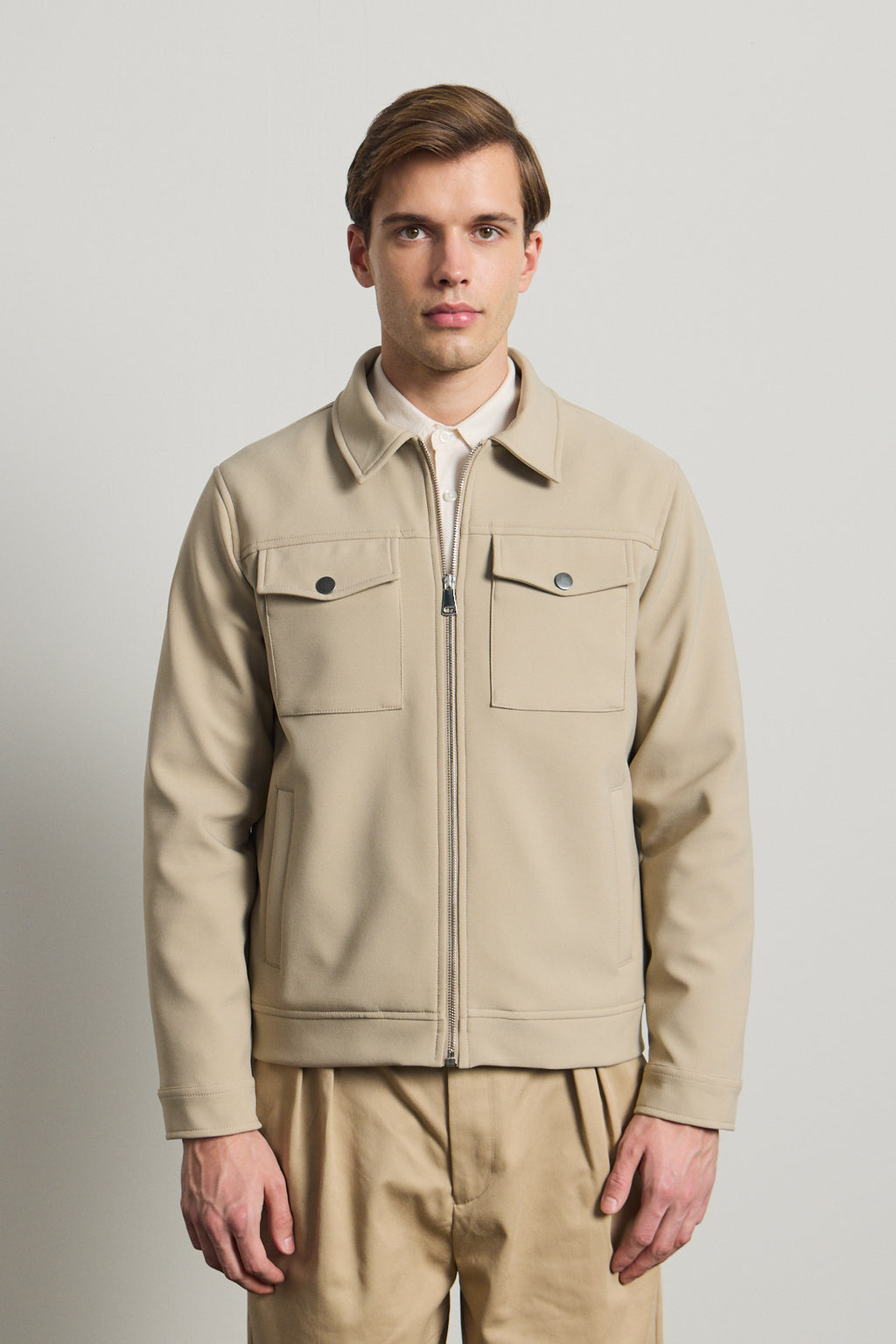 Erkek Standart Kalıp Gömlek Yaka Ceket Bej