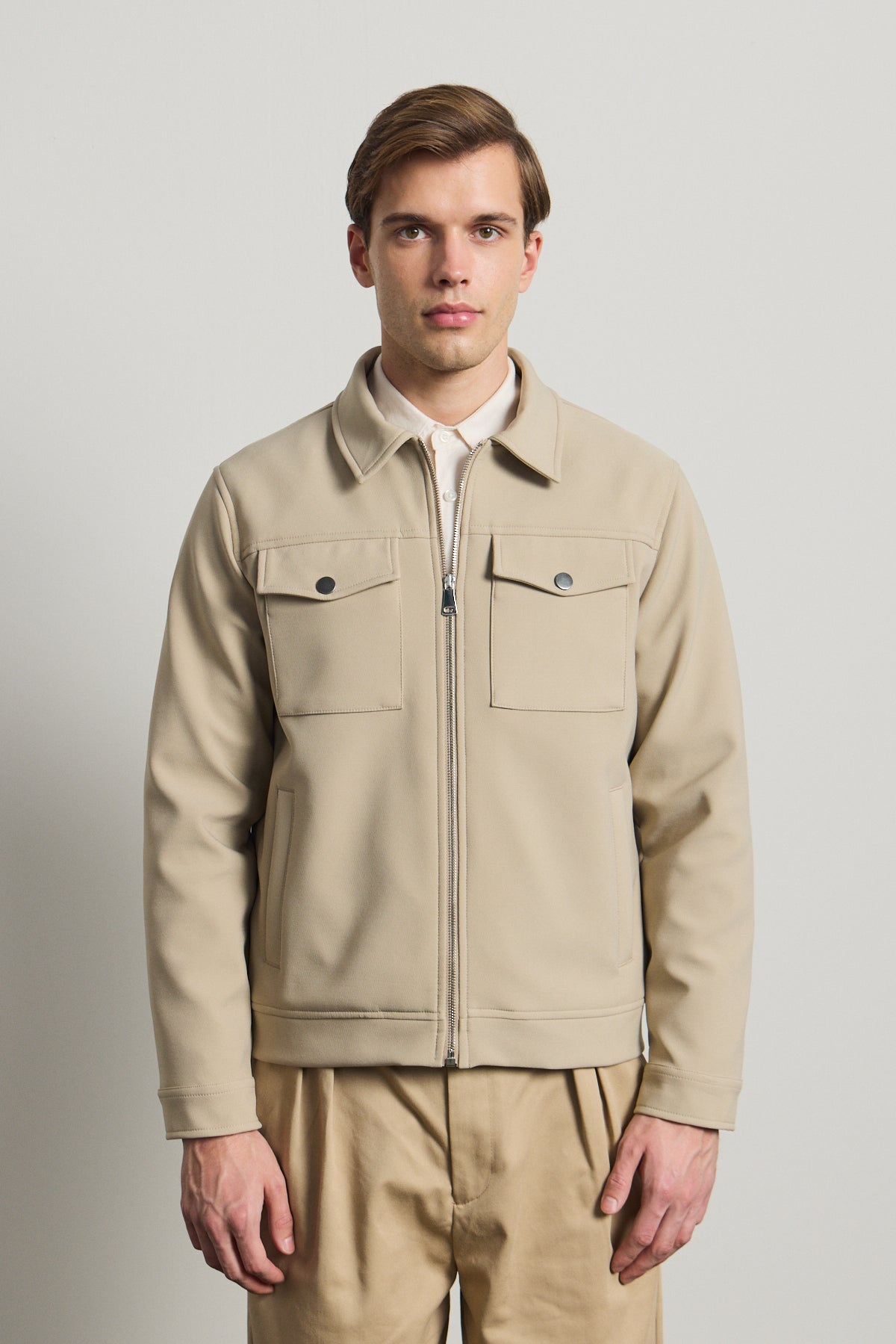 Erkek Standart Kalıp Gömlek Yaka Ceket Bej