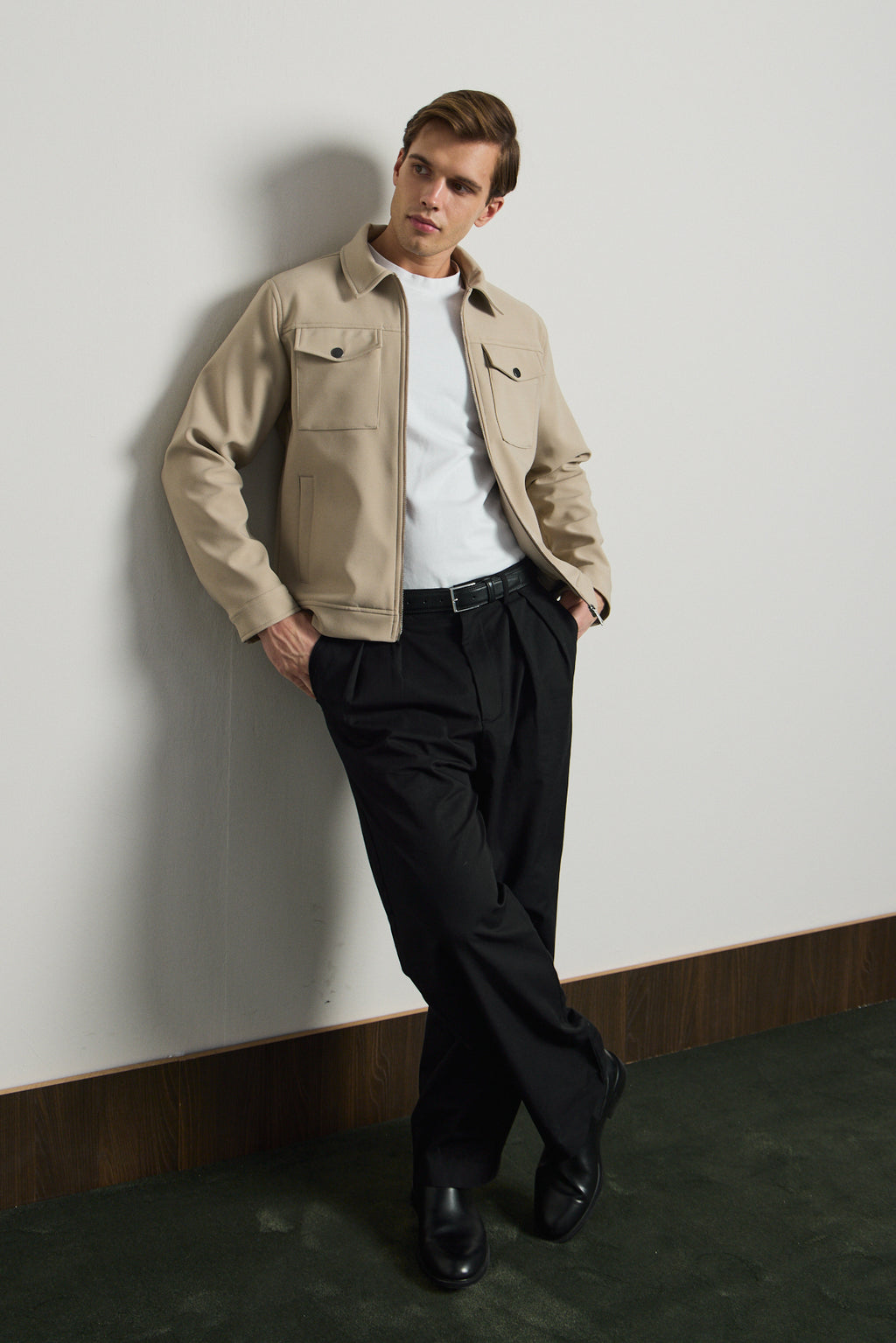 Erkek Standart Kalıp Gömlek Yaka Ceket Bej