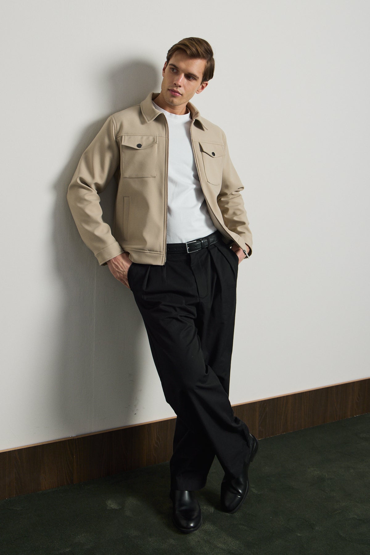 Erkek Standart Kalıp Gömlek Yaka Ceket Bej