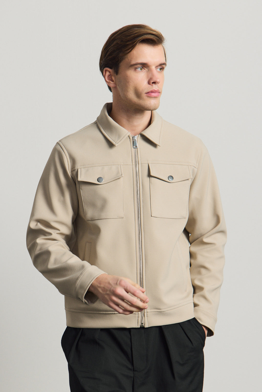 Erkek Standart Kalıp Gömlek Yaka Ceket Bej