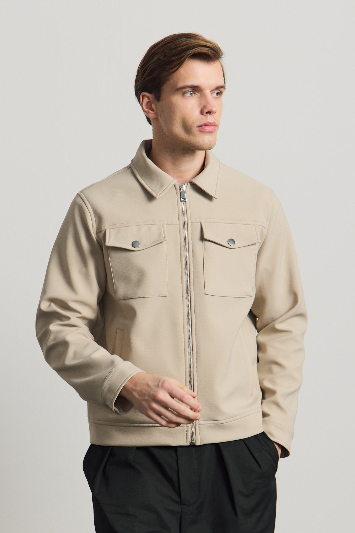 Erkek Standart Kalıp Gömlek Yaka Ceket Bej