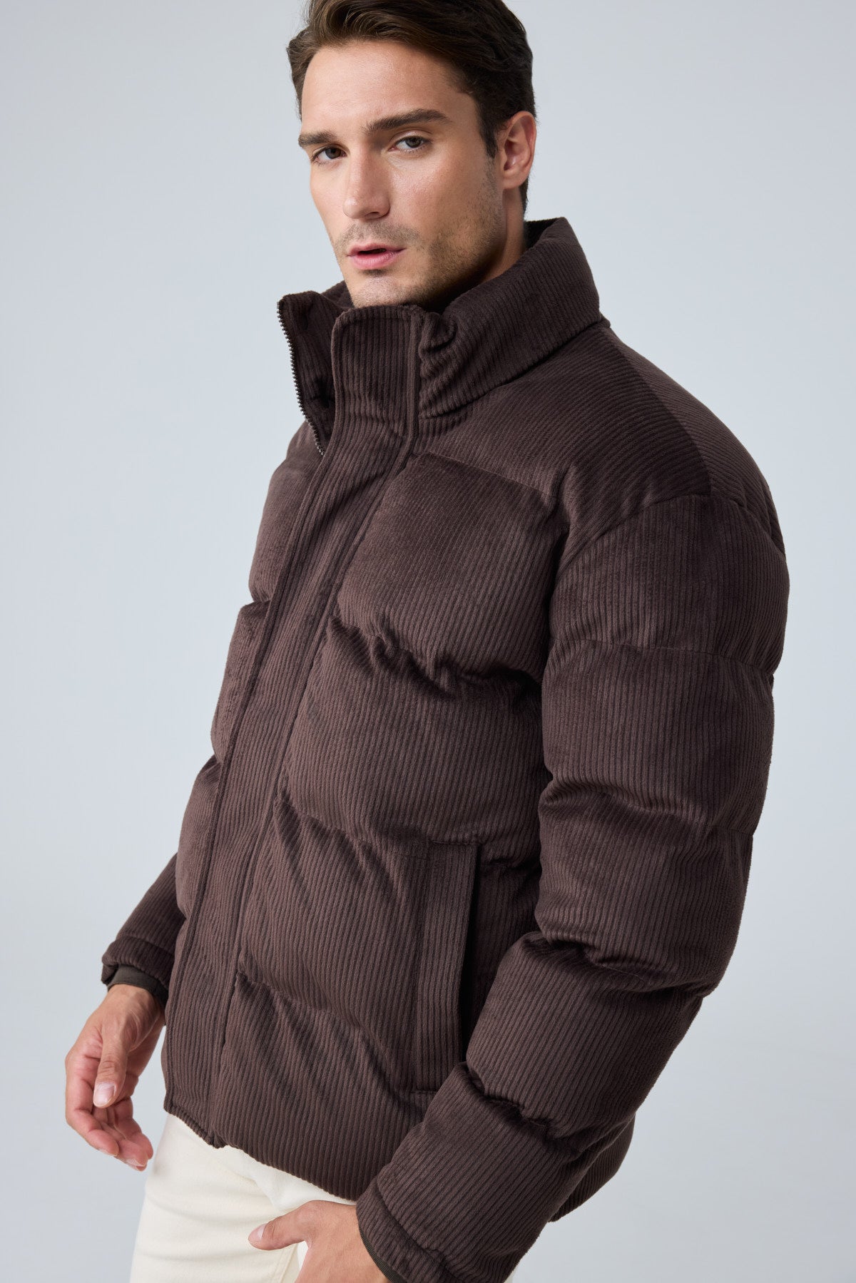 Erkek Su Geçirmez Kadife Puffer Şişme Mont Kahverengi 4346DNGR
