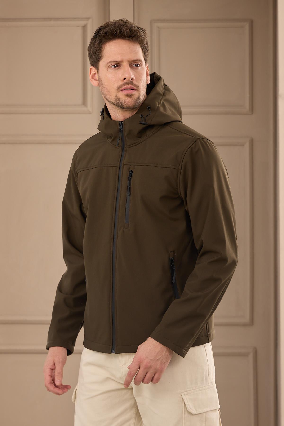 Erkek Su Geçirmez Rüzgar Geçirmez Softshell Mont Haki 3820DNGR