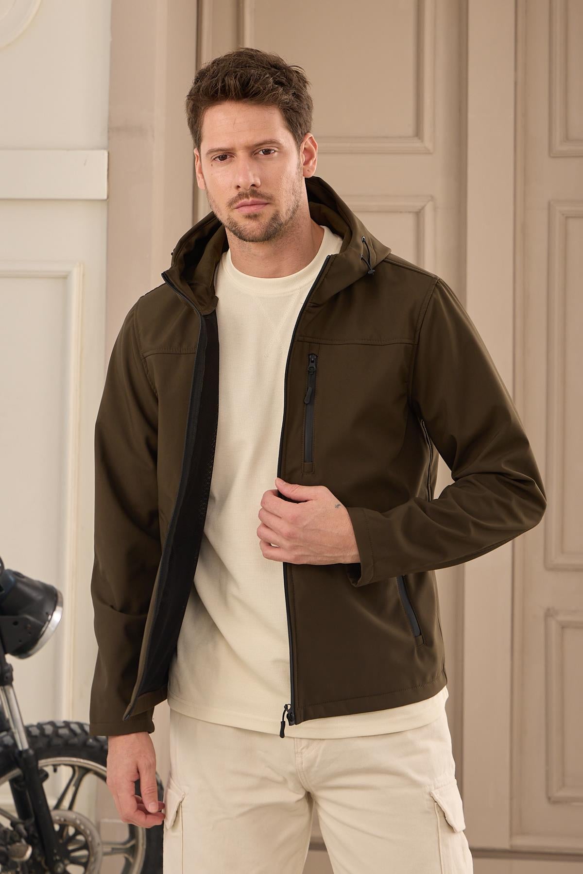 Erkek Su Geçirmez Rüzgar Geçirmez Softshell Mont Haki 3820DNGR