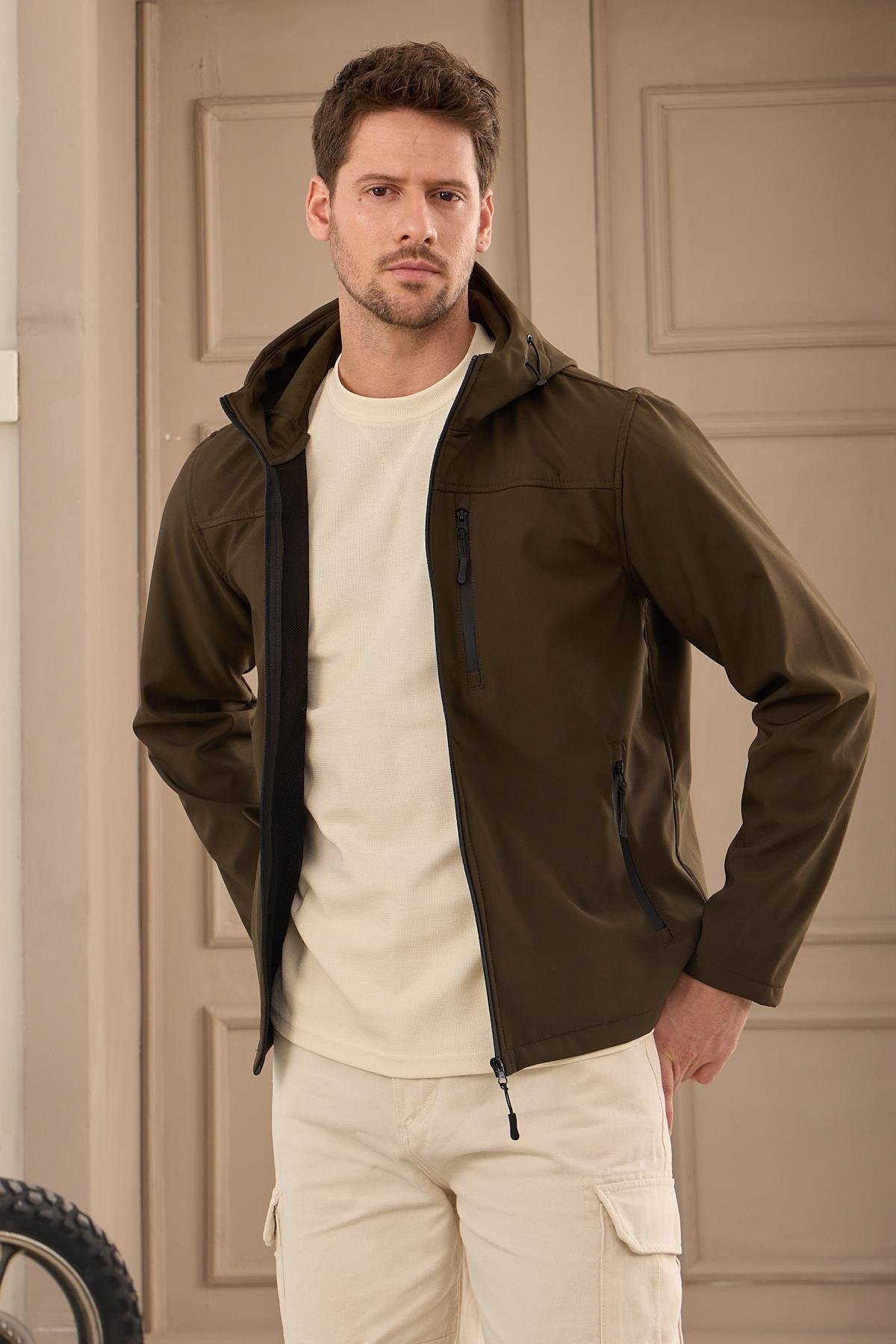 Erkek Su Geçirmez Rüzgar Geçirmez Softshell Mont Haki 3820DNGR