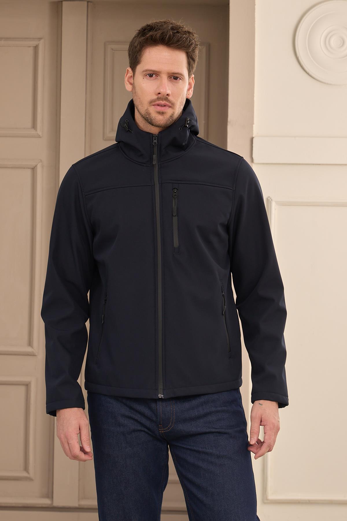 Erkek Su Geçirmez Rüzgar Geçirmez Softshell Mont Lacivert 3820DNGR