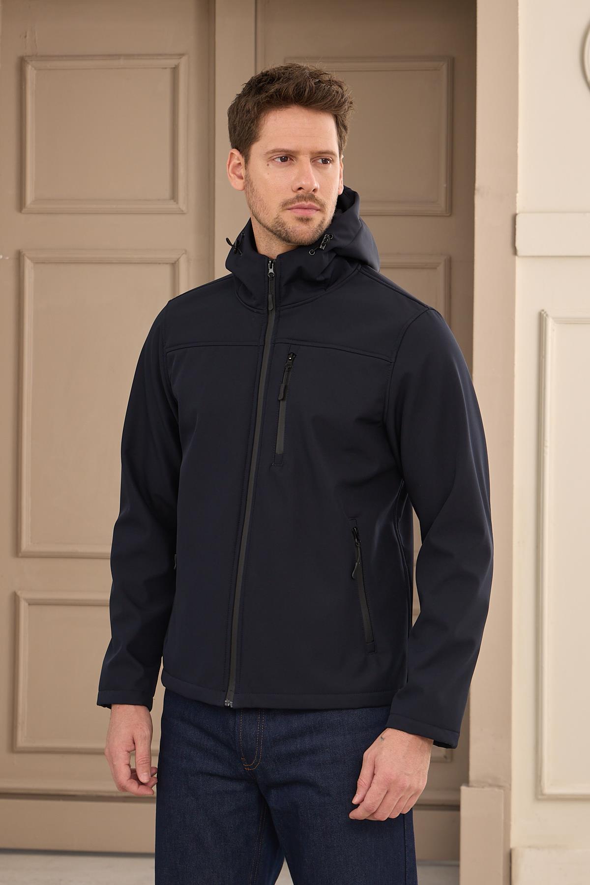 Erkek Su Geçirmez Rüzgar Geçirmez Softshell Mont Lacivert 3820DNGR