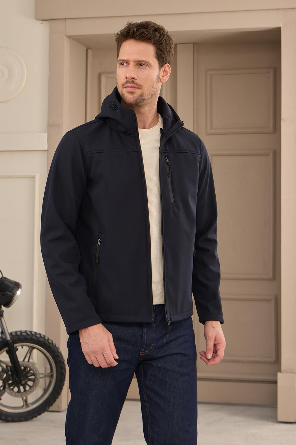 Erkek Su Geçirmez Rüzgar Geçirmez Softshell Mont Lacivert 3820DNGR