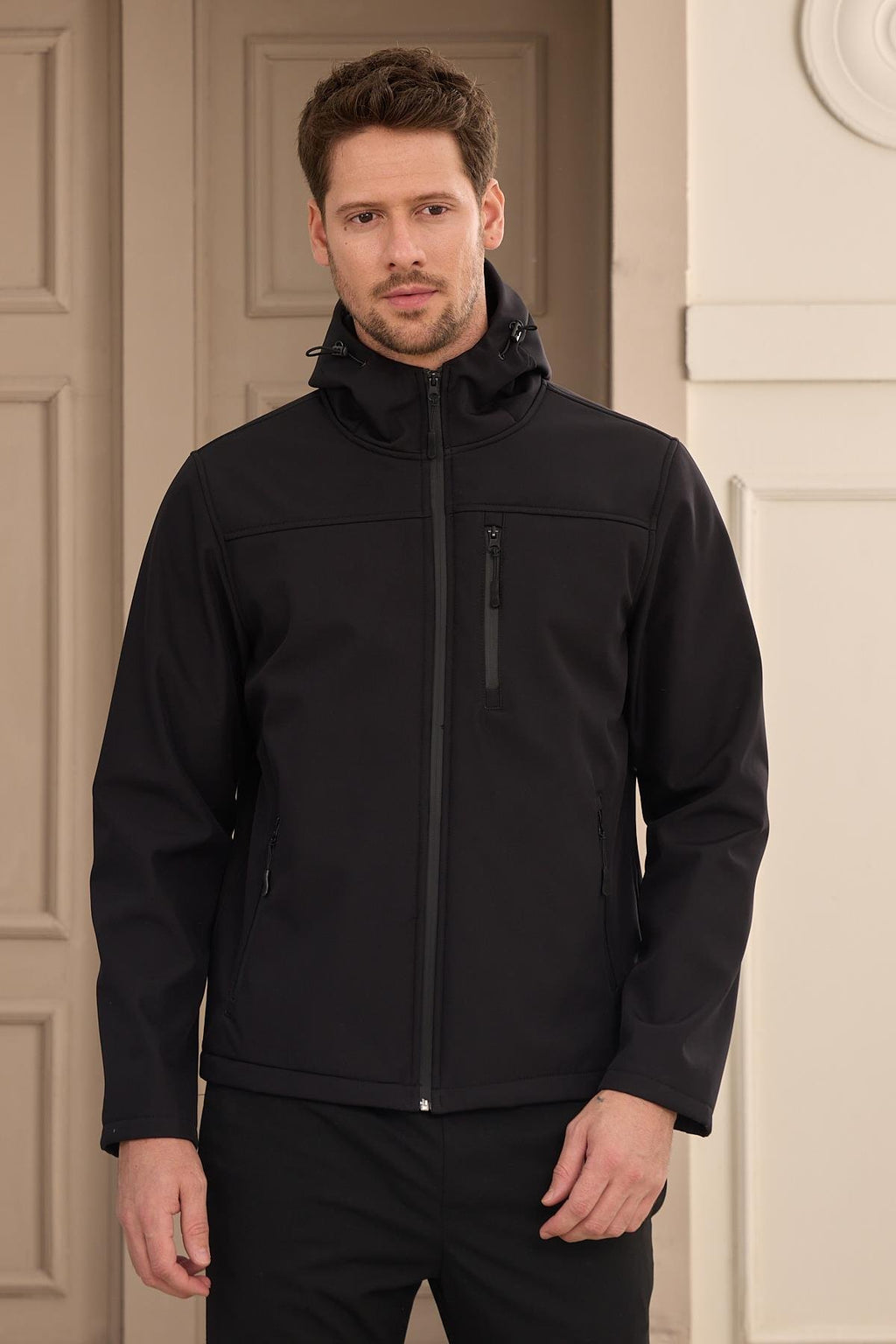 Erkek Su Geçirmez Rüzgar Geçirmez Softshell Mont Siyah 3820DNGR