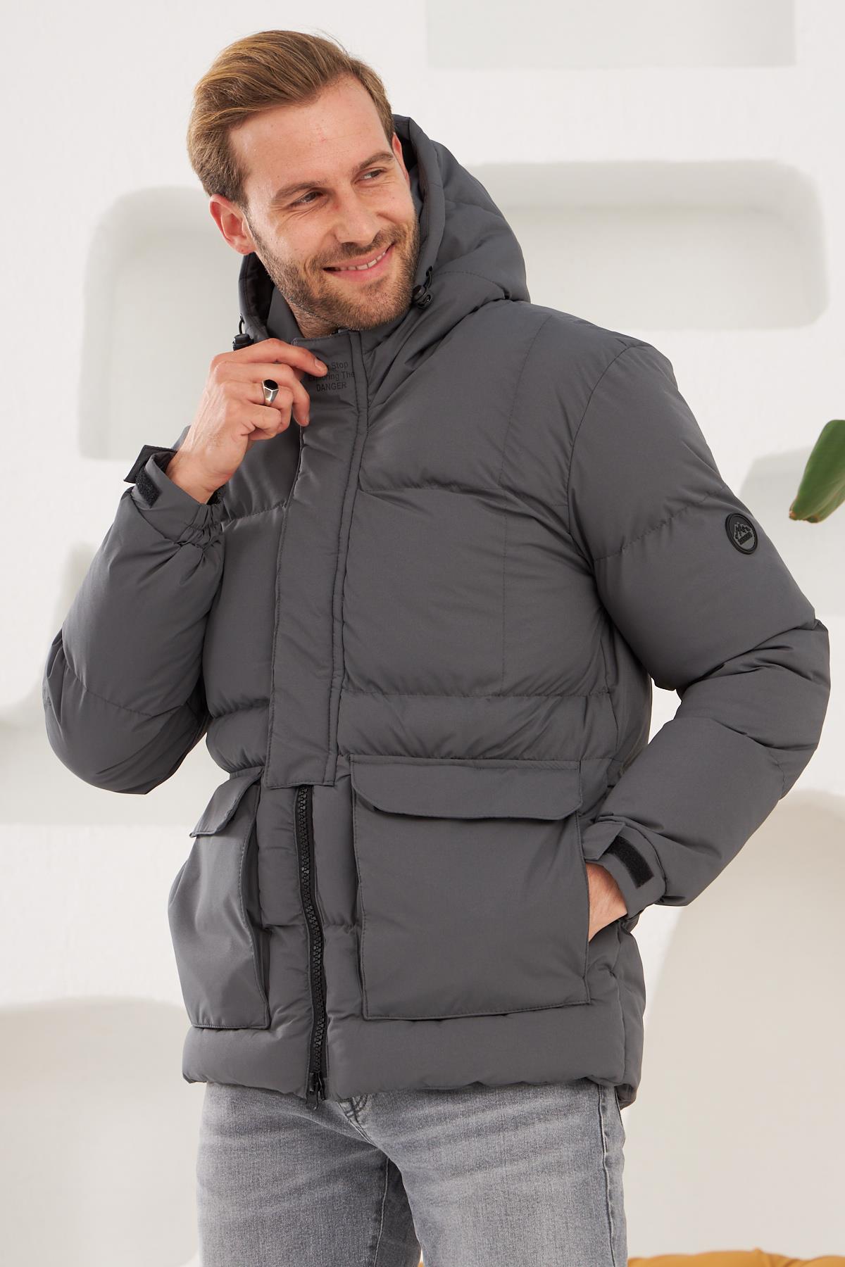 Erkek Su Ve Rüzgar Geçirmez Spor Şişme Mont Antrasit 779DNGR