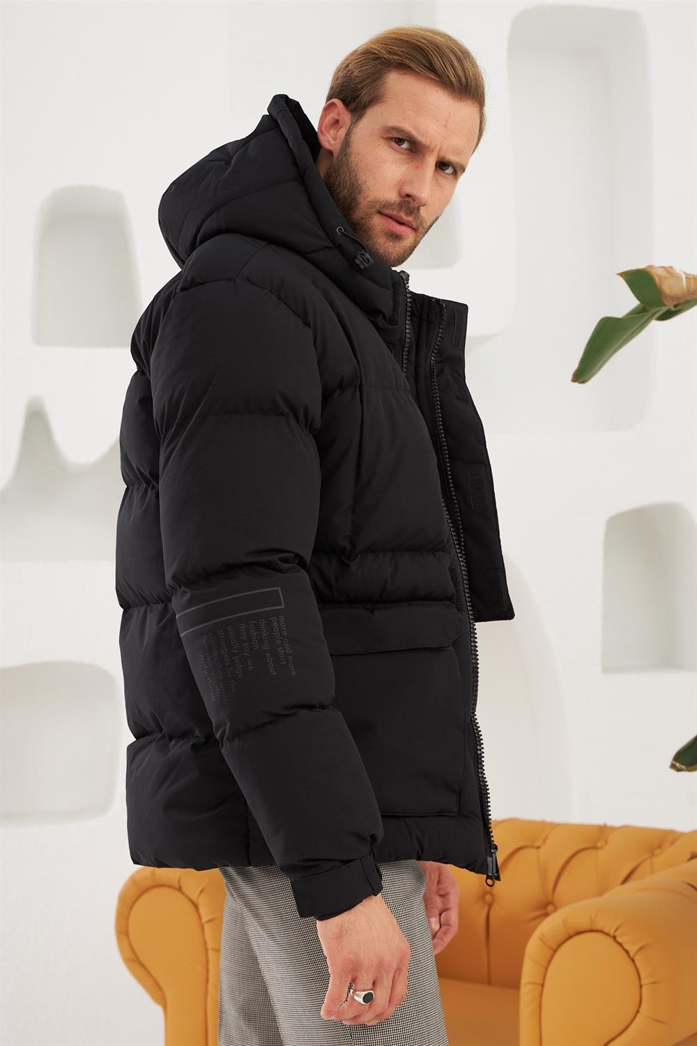 Erkek Su Ve Rüzgar Geçirmez Spor Şişme Mont Siyah 779DNGR