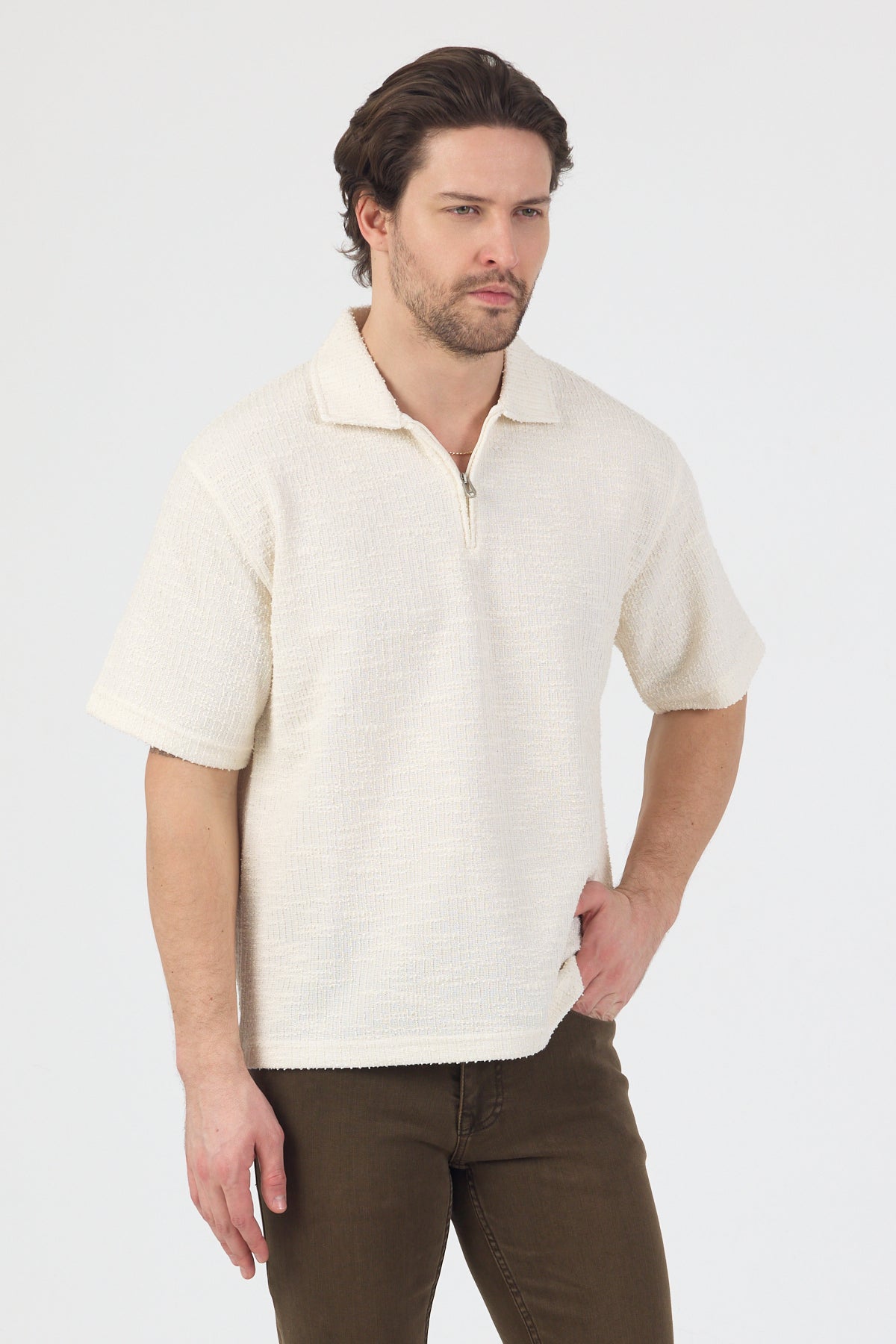 Erkek Teknik Kumaş Polo Yaka Tshirt Ekru