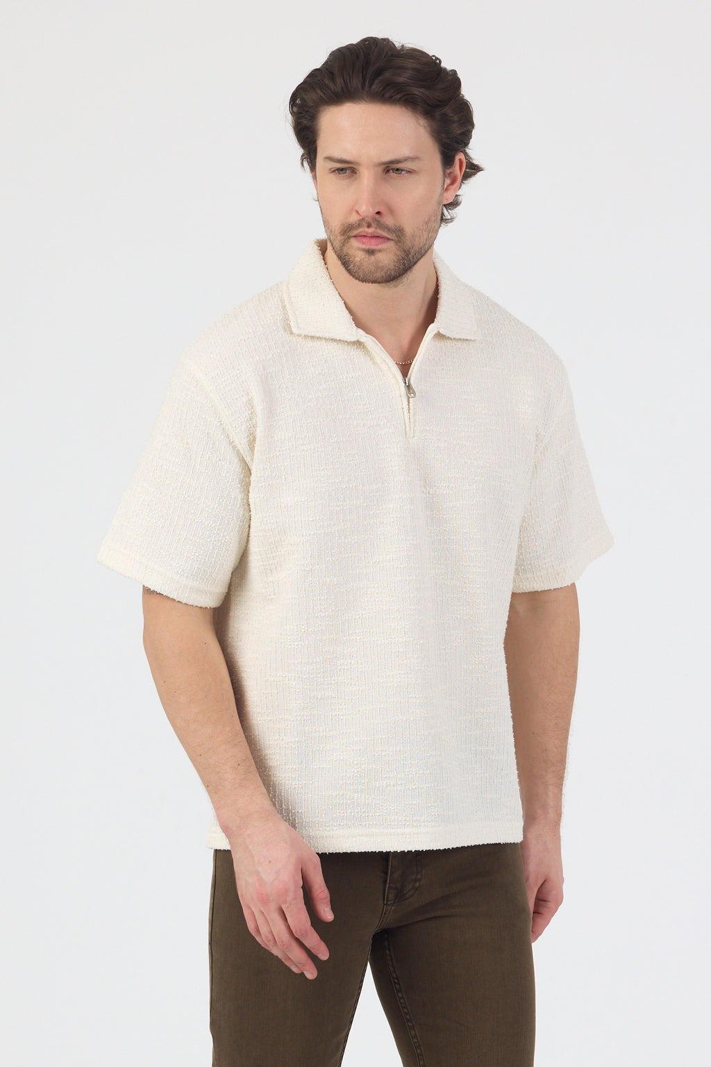 Erkek Teknik Kumaş Polo Yaka Tshirt Ekru