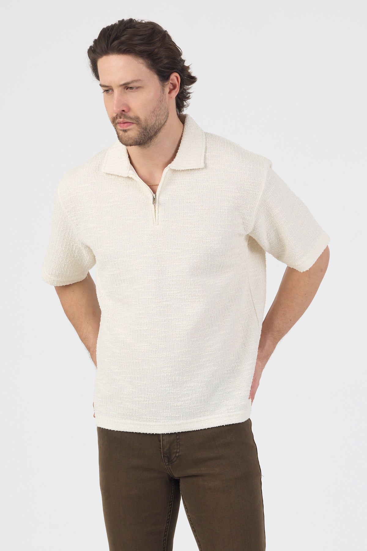 Erkek Teknik Kumaş Polo Yaka Tshirt Ekru