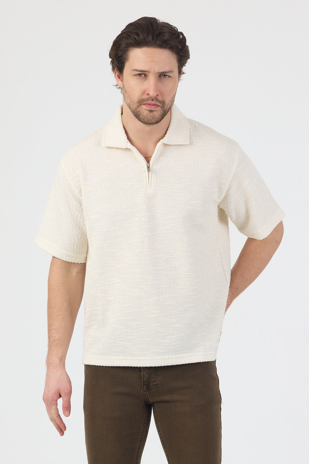 Erkek Teknik Kumaş Polo Yaka Tshirt Ekru