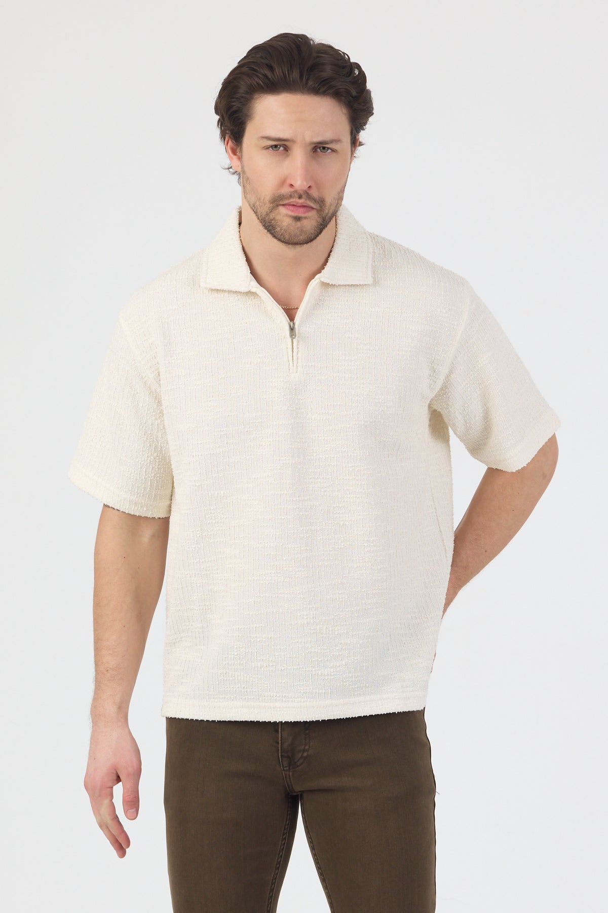 Erkek Teknik Kumaş Polo Yaka Tshirt Ekru