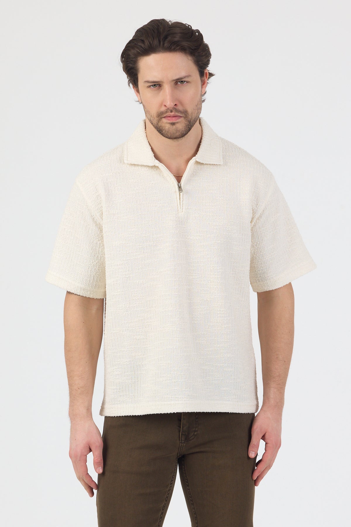 Erkek Teknik Kumaş Polo Yaka Tshirt Ekru