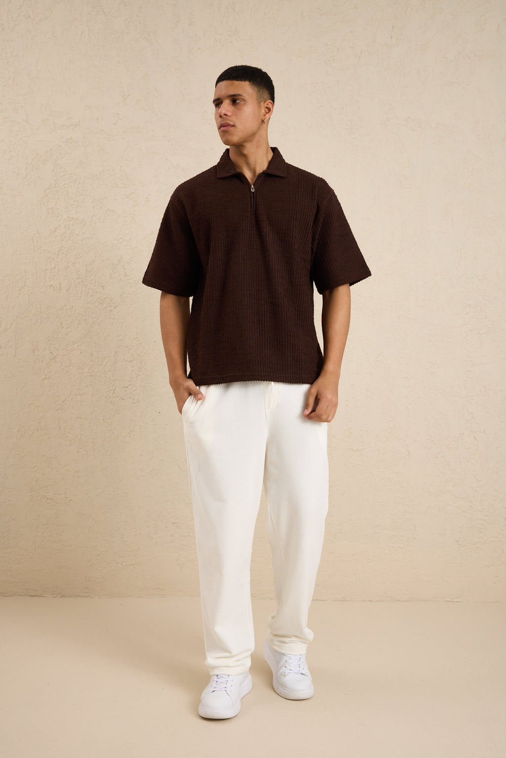 Erkek Teknik Kumaş Polo Yaka Tshirt Kahverengi