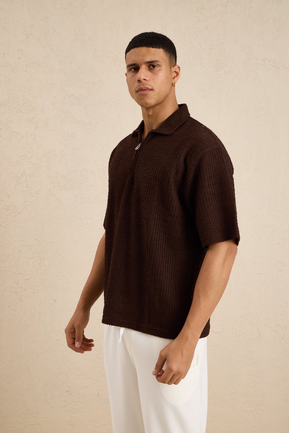 Erkek Teknik Kumaş Polo Yaka Tshirt Kahverengi