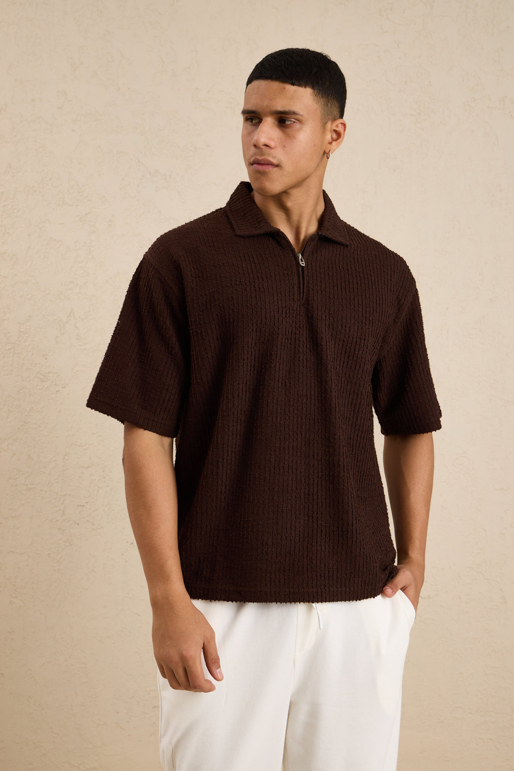 Erkek Teknik Kumaş Polo Yaka Tshirt Kahverengi