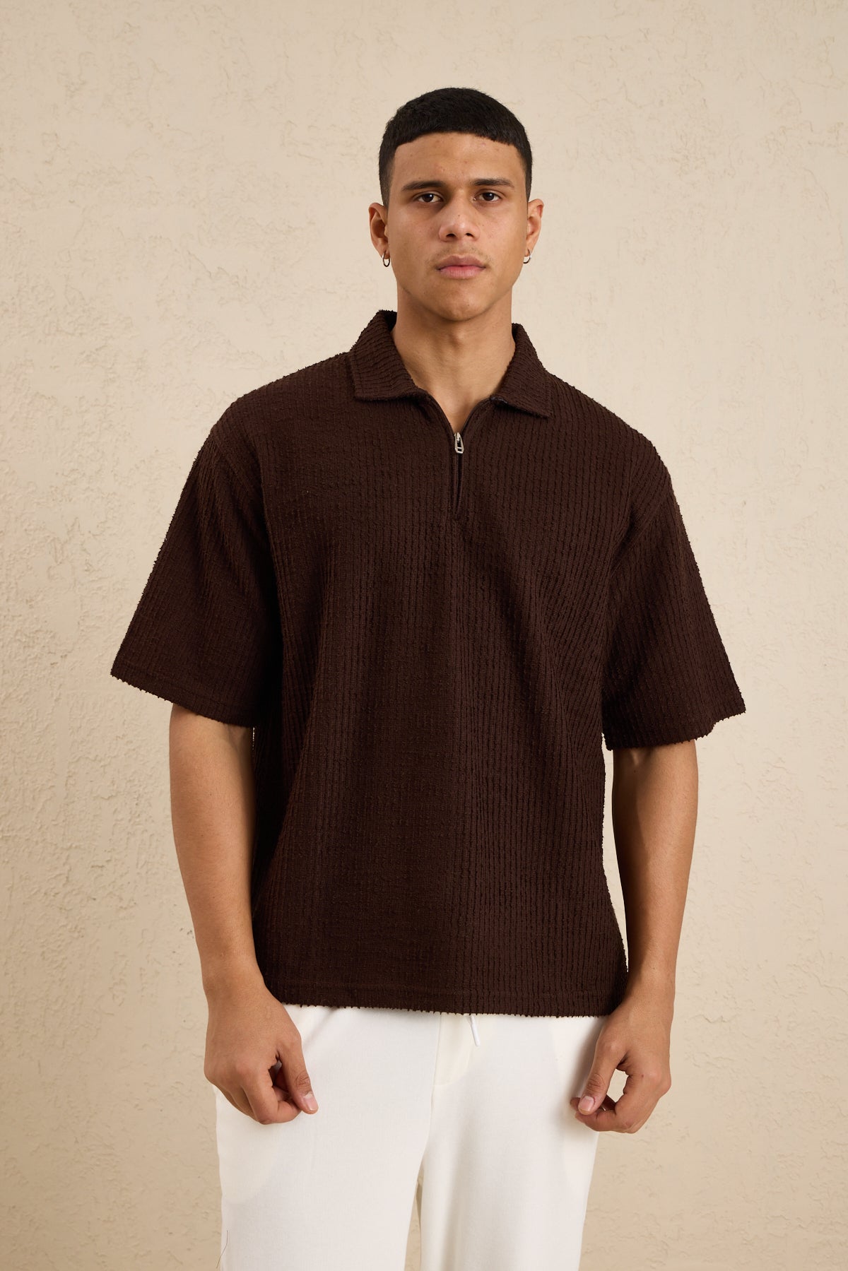 Erkek Teknik Kumaş Polo Yaka Tshirt Kahverengi