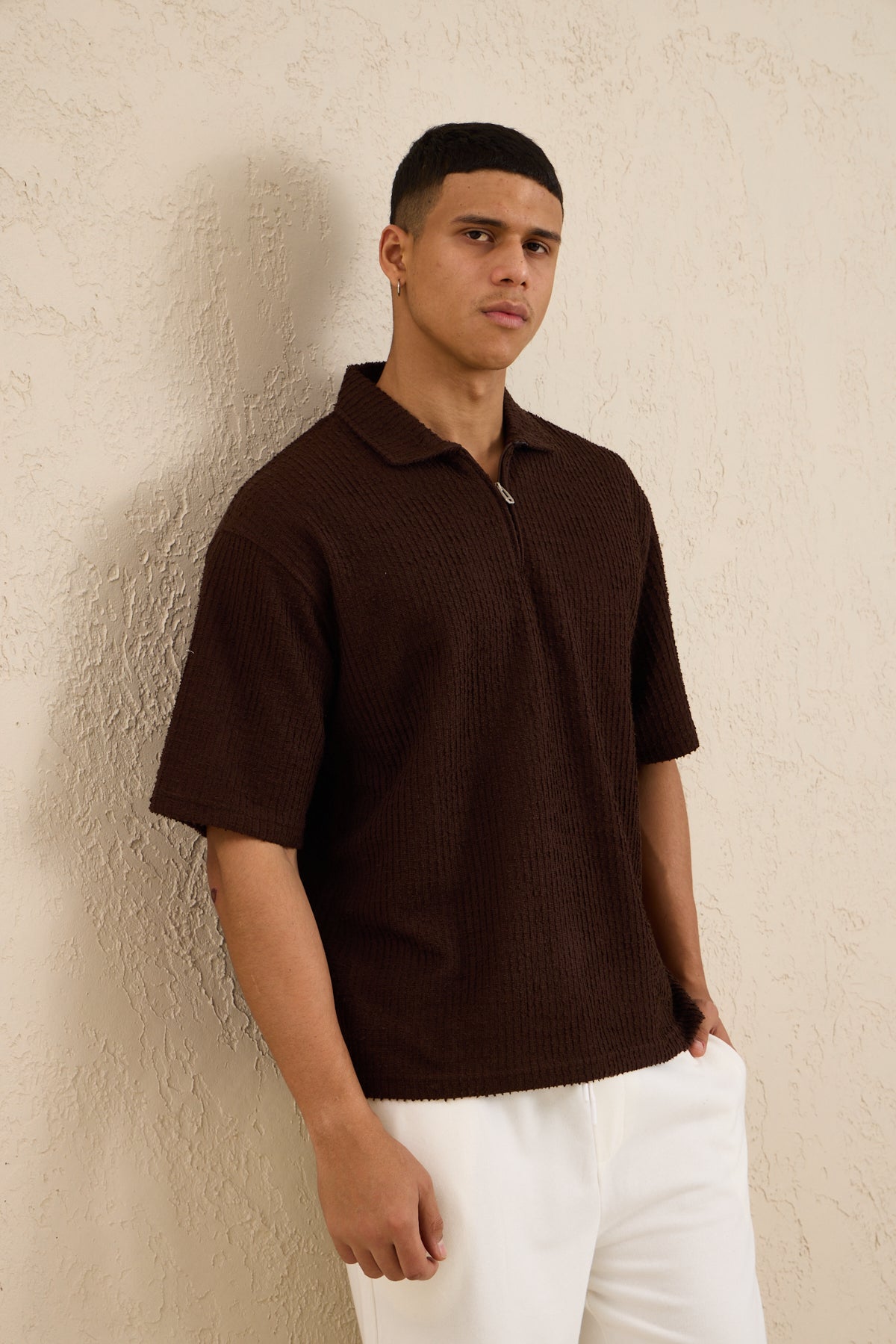 Erkek Teknik Kumaş Polo Yaka Tshirt Kahverengi