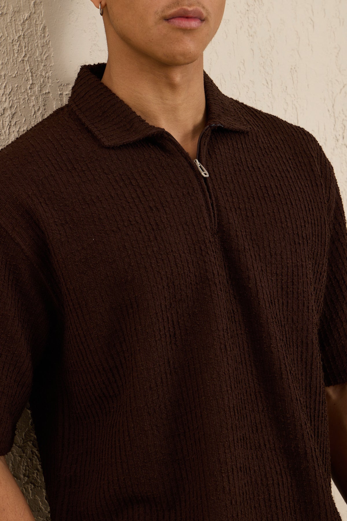 Erkek Teknik Kumaş Polo Yaka Tshirt Kahverengi