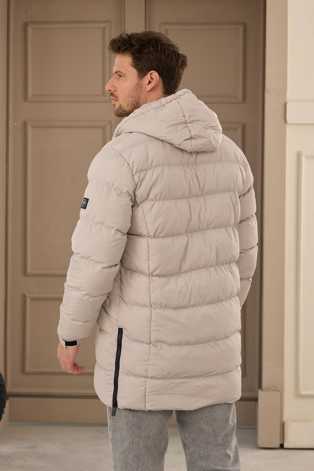 Erkek Uzun Kapüşonlu Şişme Mont Taş 512DNGR