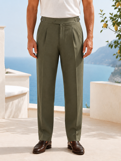 Erkek Viskon Karışımlı Yan Tokalı Pileli Baggy Pantolon Haki 0171DNGR