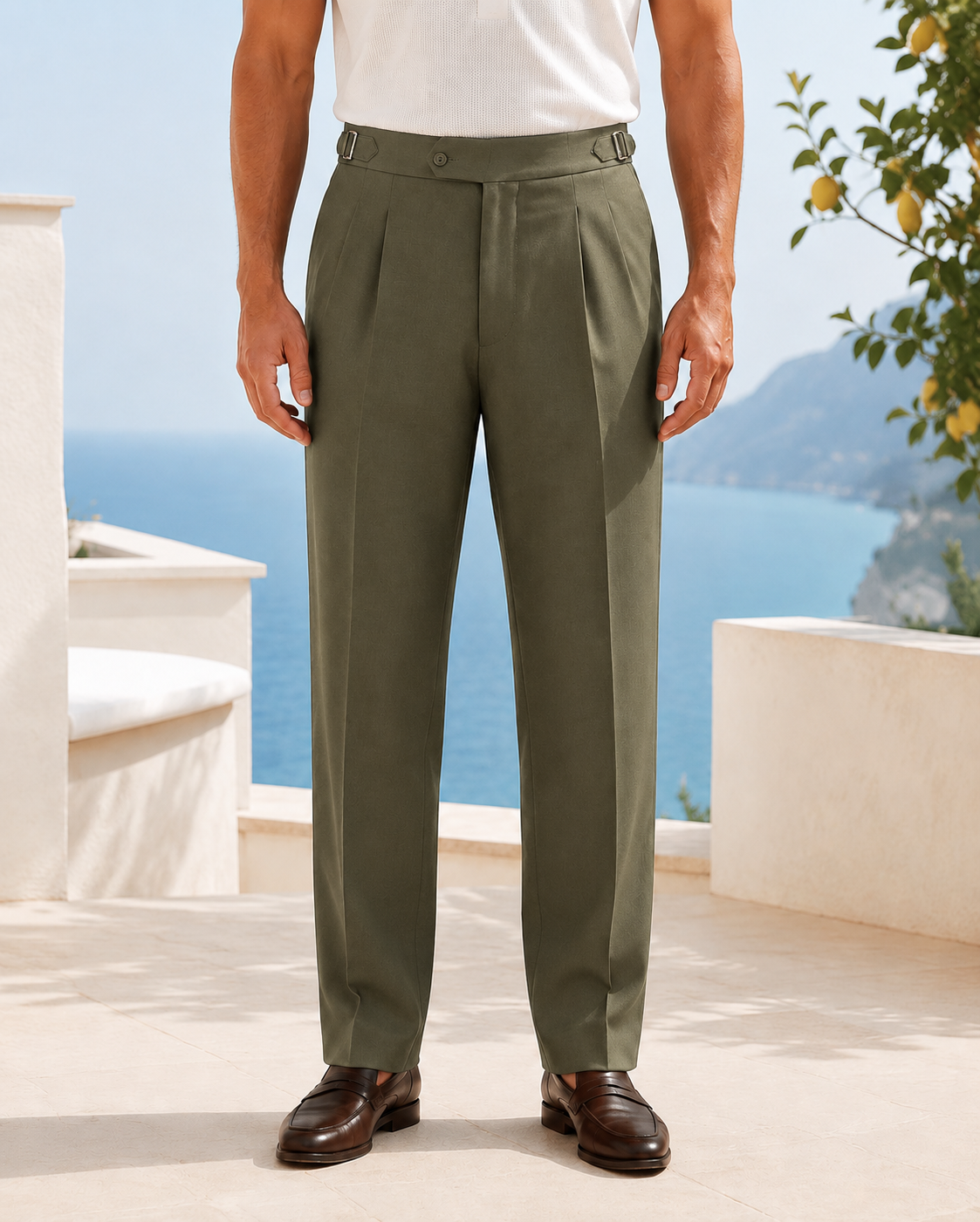 Erkek Viskon Karışımlı Yan Tokalı Pileli Baggy Pantolon Haki 0171DNGR