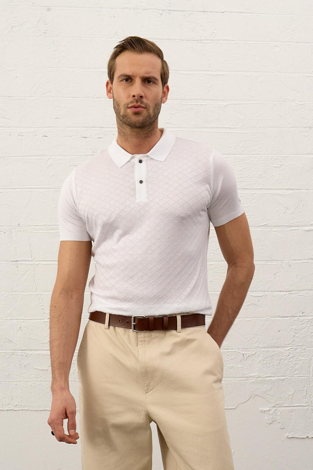 Erkek Yumuşak Dokulu Slim-Fit Polo Yaka İnce Triko T-shirt Beyaz 5008DNGR
