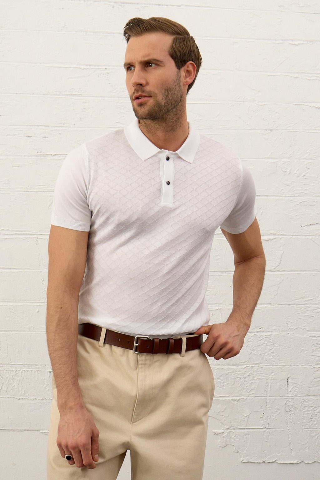 Erkek Yumuşak Dokulu Slim-Fit Polo Yaka İnce Triko T-shirt Beyaz 5008DNGR