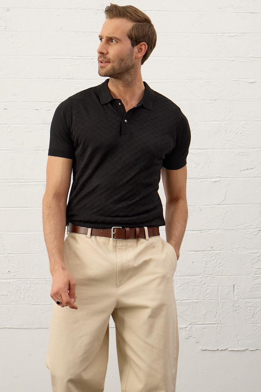 Erkek Yumuşak Dokulu Slim-Fit Polo Yaka İnce Triko T-shirt Siyah 5008DNGR