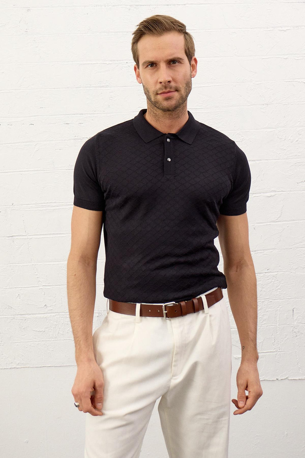 Erkek Yumuşak Dokulu Slim-Fit Polo Yaka İnce Triko T-shirtKoyu Lacivert 5008DNGR