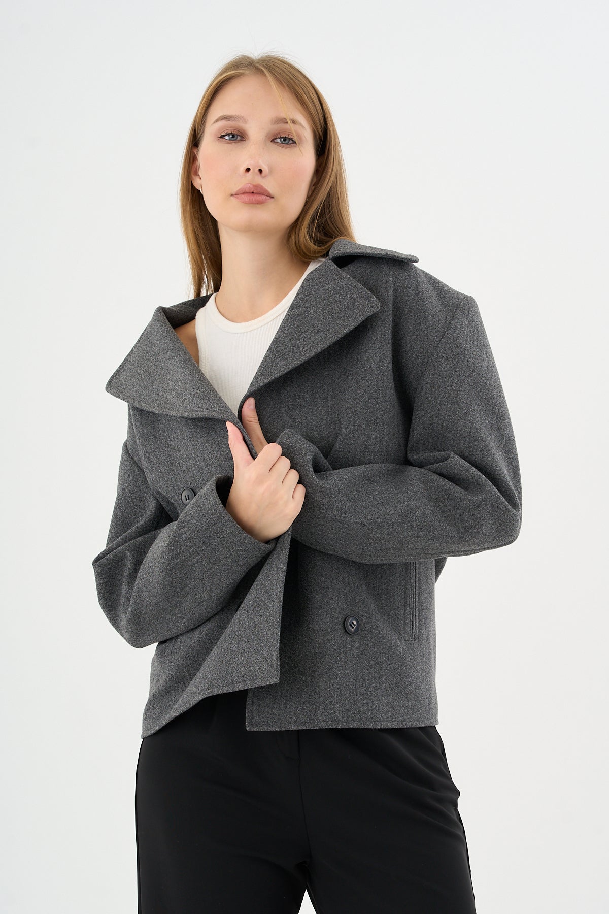 Kadın Oversize  Kruvaze Kaşe Mont Ceket Gri