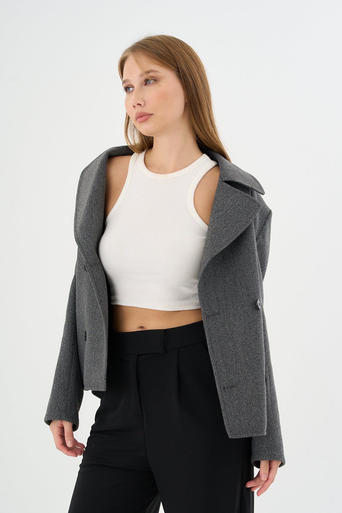 Kadın Oversize  Kruvaze Kaşe Mont Ceket Gri