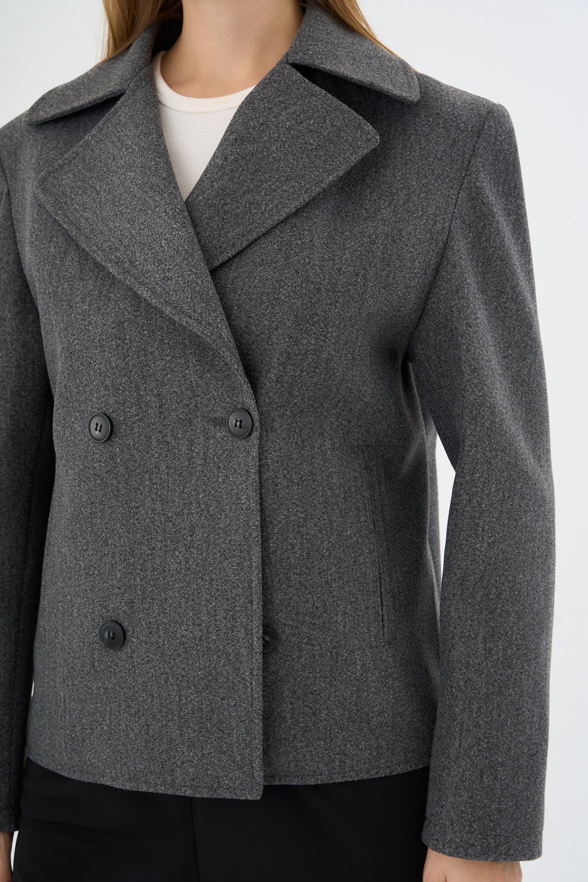 Kadın Oversize  Kruvaze Kaşe Mont Ceket Gri