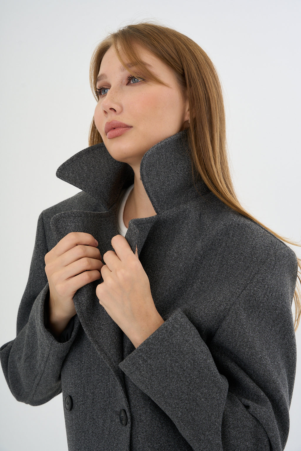 Kadın Oversize  Kruvaze Kaşe Mont Ceket Gri