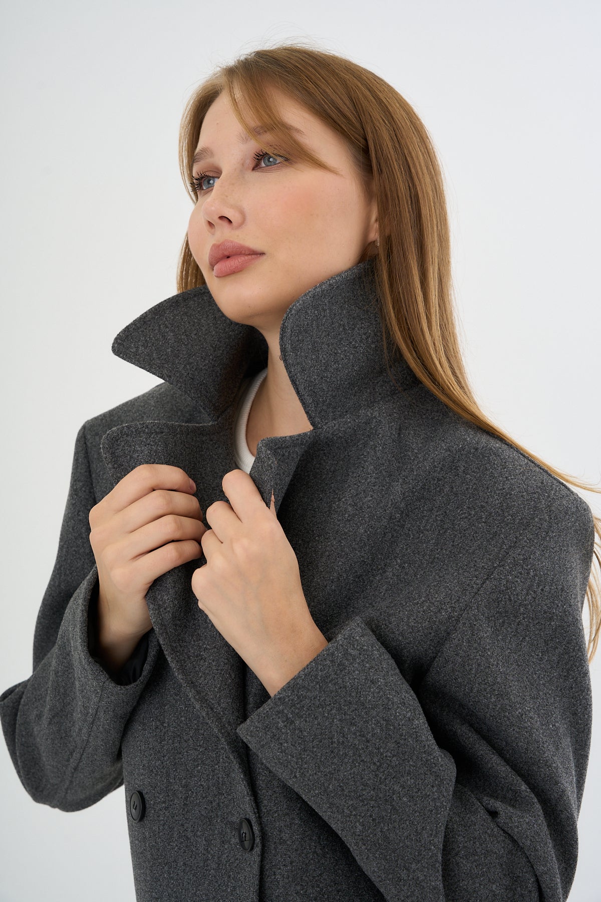 Kadın Oversize  Kruvaze Kaşe Mont Ceket Gri