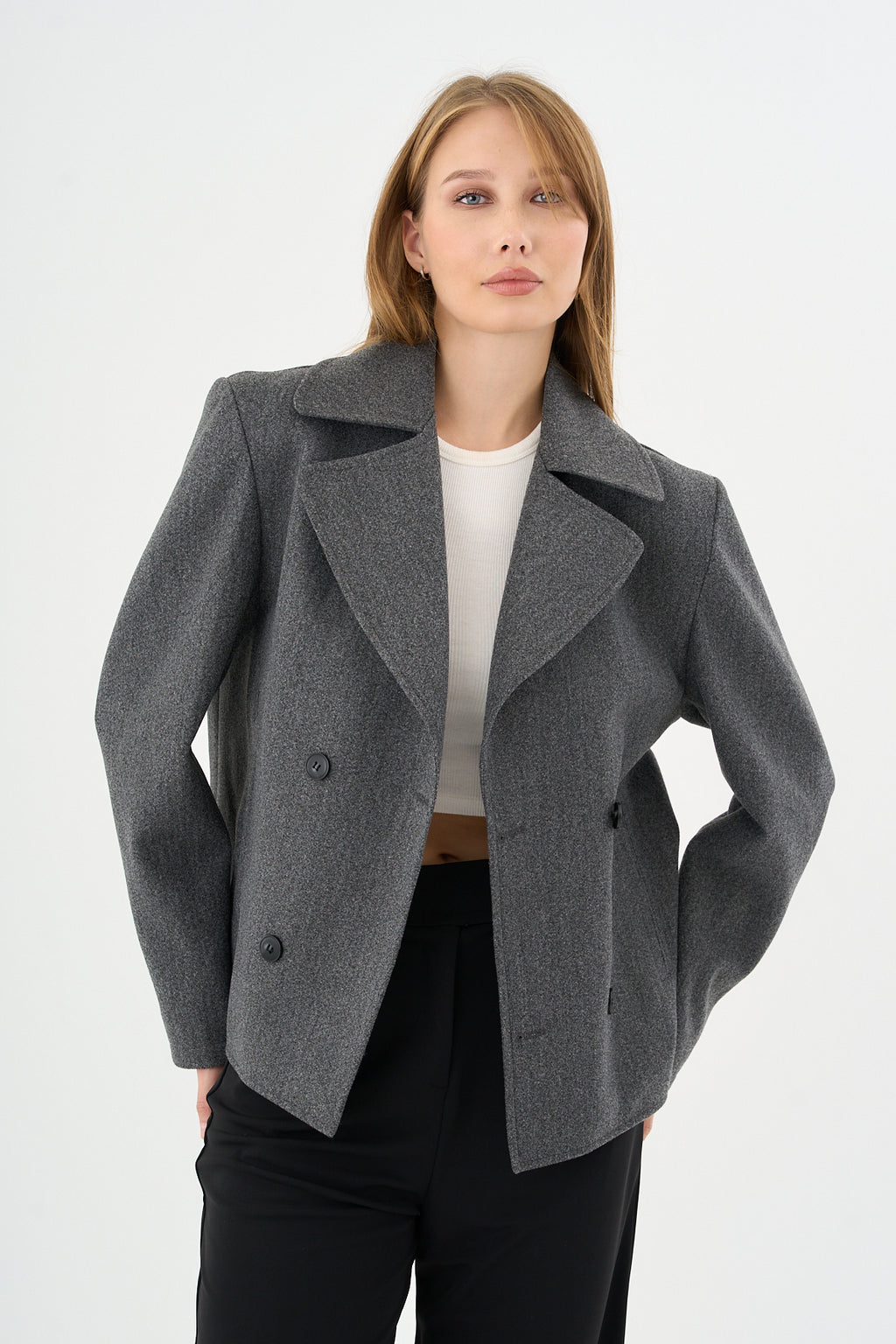 Kadın Oversize  Kruvaze Kaşe Mont Ceket Gri