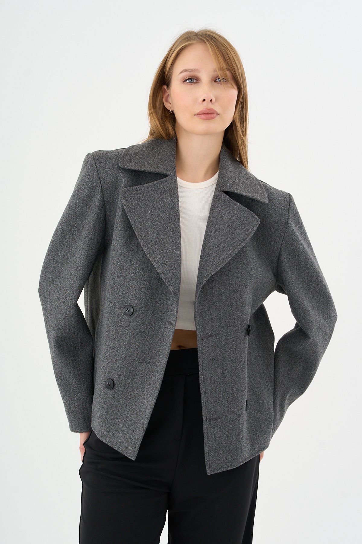 Kadın Oversize  Kruvaze Kaşe Mont Ceket Gri